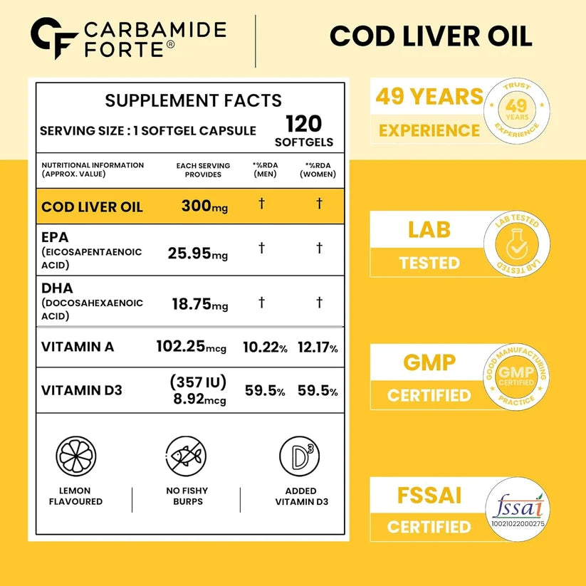 COD Liver Oil (Vitamin A +D3) EPA+DHA -Lemon Flavour -Strengthen Liver Health &amp; Immune System Naturally- Carbamide Forte-120 Tablets