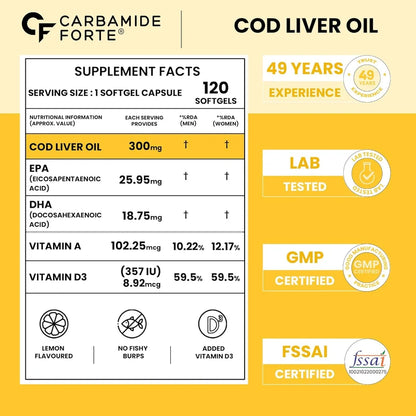COD Liver Oil (Vitamin A +D3) EPA+DHA -Lemon Flavour -Strengthen Liver Health &amp; Immune System Naturally- Carbamide Forte-120 Tablets