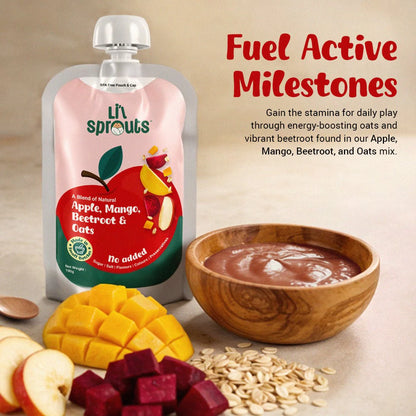 Puree | Apple, Mango, Beetroot &amp; Oats (8 Months +) - Blend of Natural - No Added Sugar, Salt, Flavours, Colours &amp; No Artificial Ingredients - Lil Sprouts - 100gm