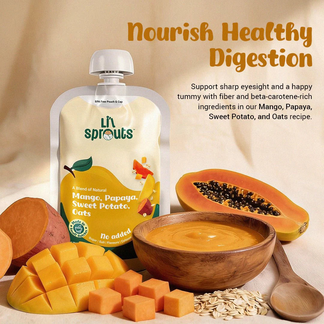 Puree | Mango, Papaya, Sweet Potato &amp; Oats - Blend of Natural - No Added Sugar, Salt, Flavours, Colours &amp; No Artificial Ingredients - Lil Sprouts - 100gm