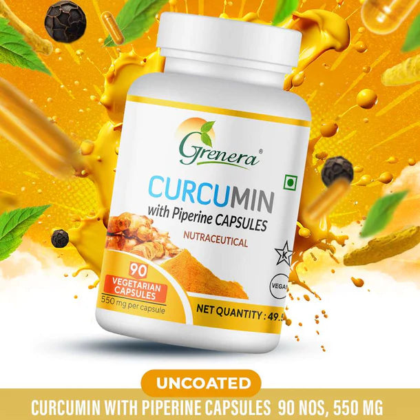 Curcumin With Piperine  Capsules | Nutraceutical - Vegan, Gluten Free, Non Gmo, Preservatives Free &amp;amp; No Additives - Grenera – 90 Capsules