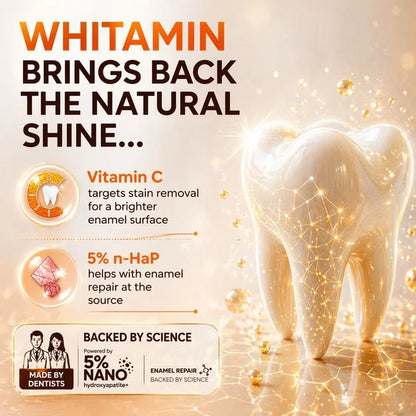 Toothpaste Advance | Whitamin Vit C (Whitening)-Vegan, &amp; Cruelty Free - Vitamin C, 5% Nano Hydroxyapatite, Enamel Repair-  Glycerin Free, Fluoride Free &amp; No Added Artificial Colors - Bentodent - 100gm