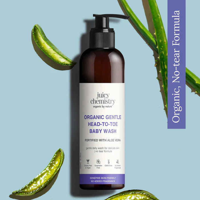 Organic Gentle Head to Toe Baby Wash Fortified with Aloe Vera- Sulphates Free, GMO Free - Juicy Chemistry - 200ml
