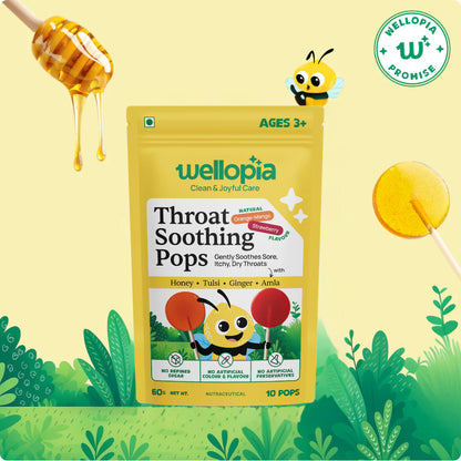 Candy |Throat Soothing Pops (Ages 3+) -No Artificial Preservatives - No Artificial Colors- No Refined Sugar - Wellopia - 10 Wrapped Pops -60 gm