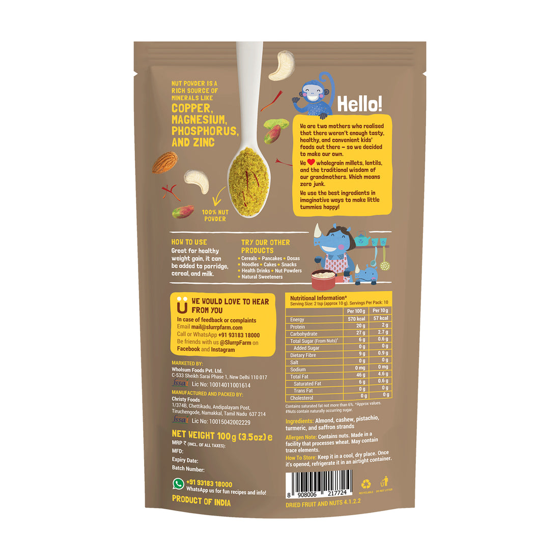 Nut Powder | Almond, Cashew, Pistachio, Saffron & Turmeric - Organic Nut Powder - No Added Sugar - Slurrp Farm - 100gm