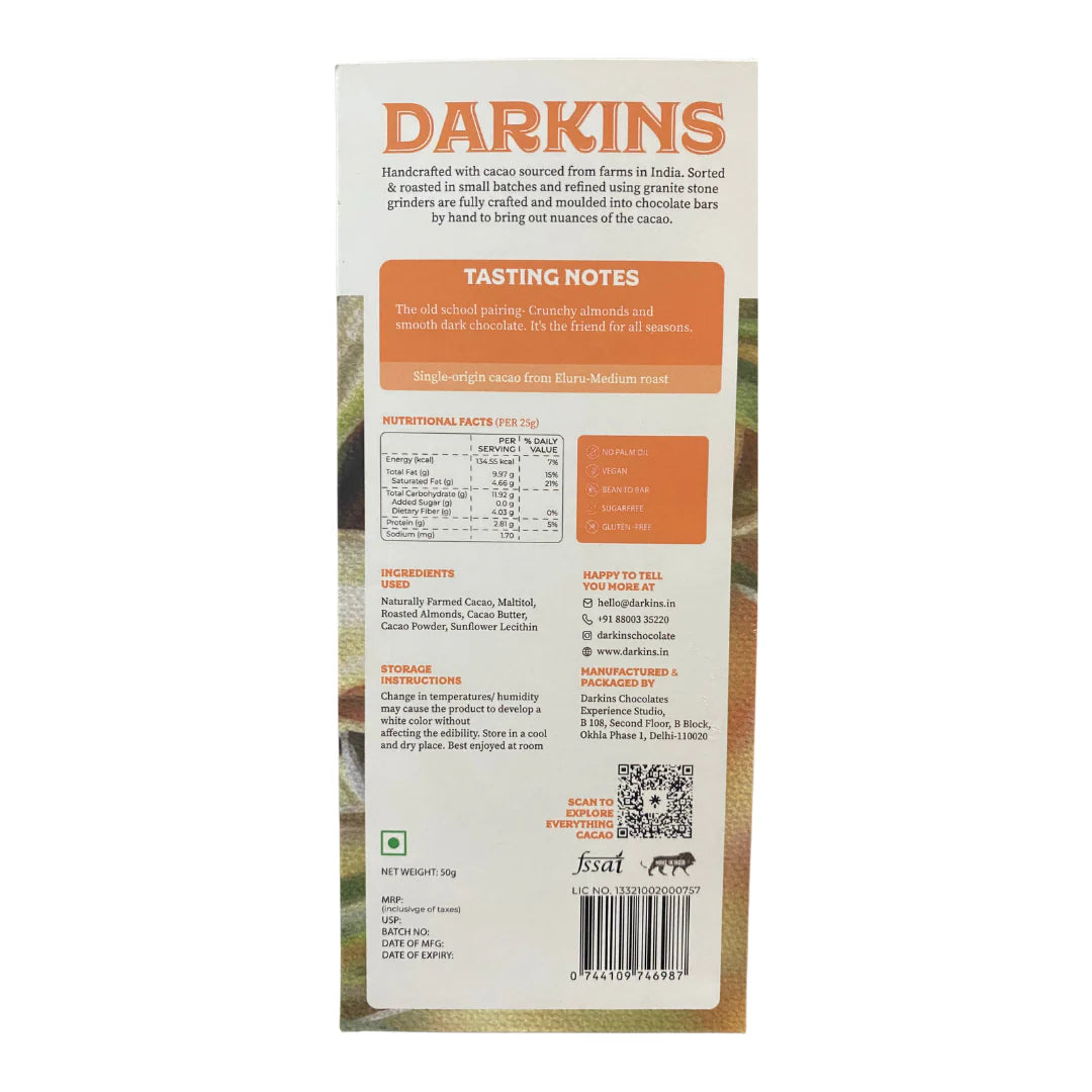 Dark Chocolate | 70% Dark Chocolate Almond Crunch (Sugarfree) – Vegan &amp; Gluten Free - Darkins – 50gm