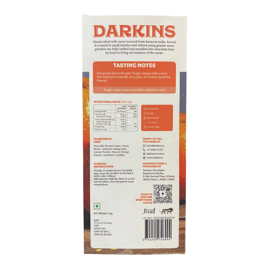 Dark Chocolate | 70% Dark Chocolate Oranjé – Vegan , Gluten Free, No Palm Oil  - Darkins – 50gm