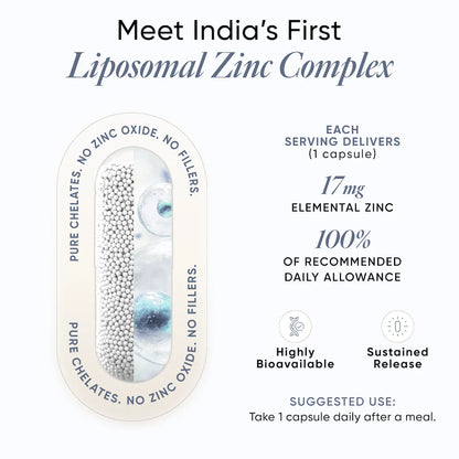 Liposomal Zinc Complex  (Chelated) - Bioavailable, Preservatives Binders &amp; No Dyes - Wellbeing Nutrition - 60 Capsules