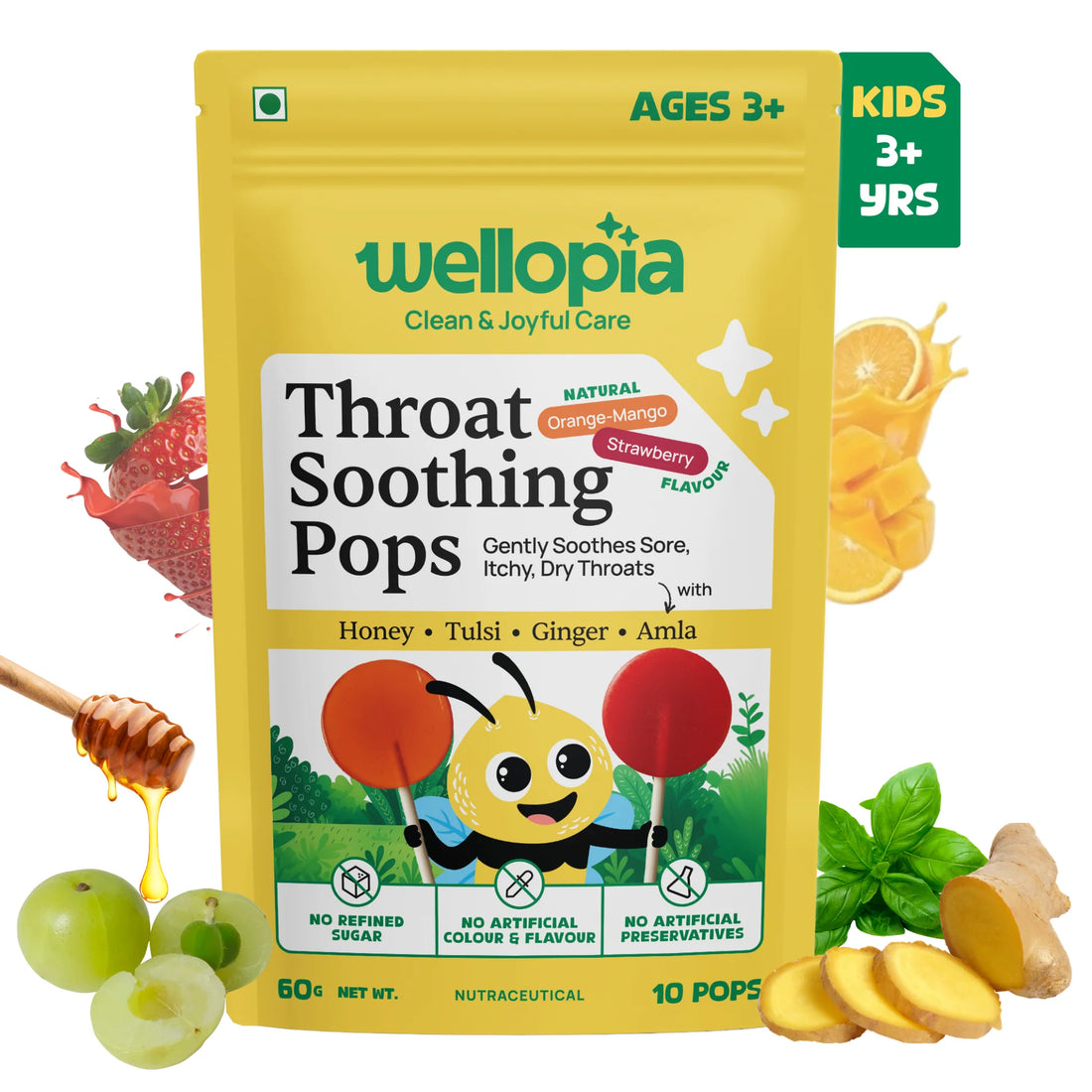 Candy |Throat Soothing Pops (Ages 3+) -No Artificial Preservatives - No Artificial Colors- No Refined Sugar - Wellopia - 10 Wrapped Pops -60 gm