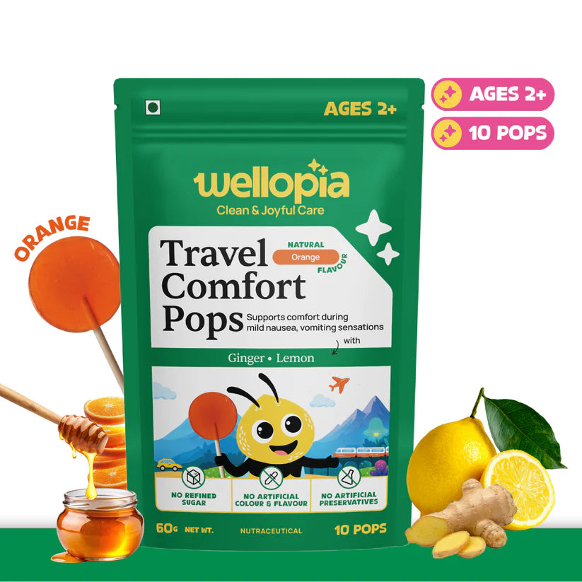 Candy | Travel Comfort Pops (Ages 2+) - Natural Orange Flavour (Ginger, Lemon) -No Artificial Preservatives - No Artificial Colors- No Refined Sugar - Wellopia - 10 Wrapped Pops -60 gm