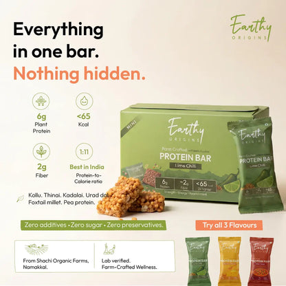 Bar | Lentil &amp; Pulses Protein Bar (Lime Chilli)– 6g Protein – Gluten Free, No Added Sugar, No Added Preservatives, No Artificial flavours, No Palm Oil– Earthy Origins  – 15gm