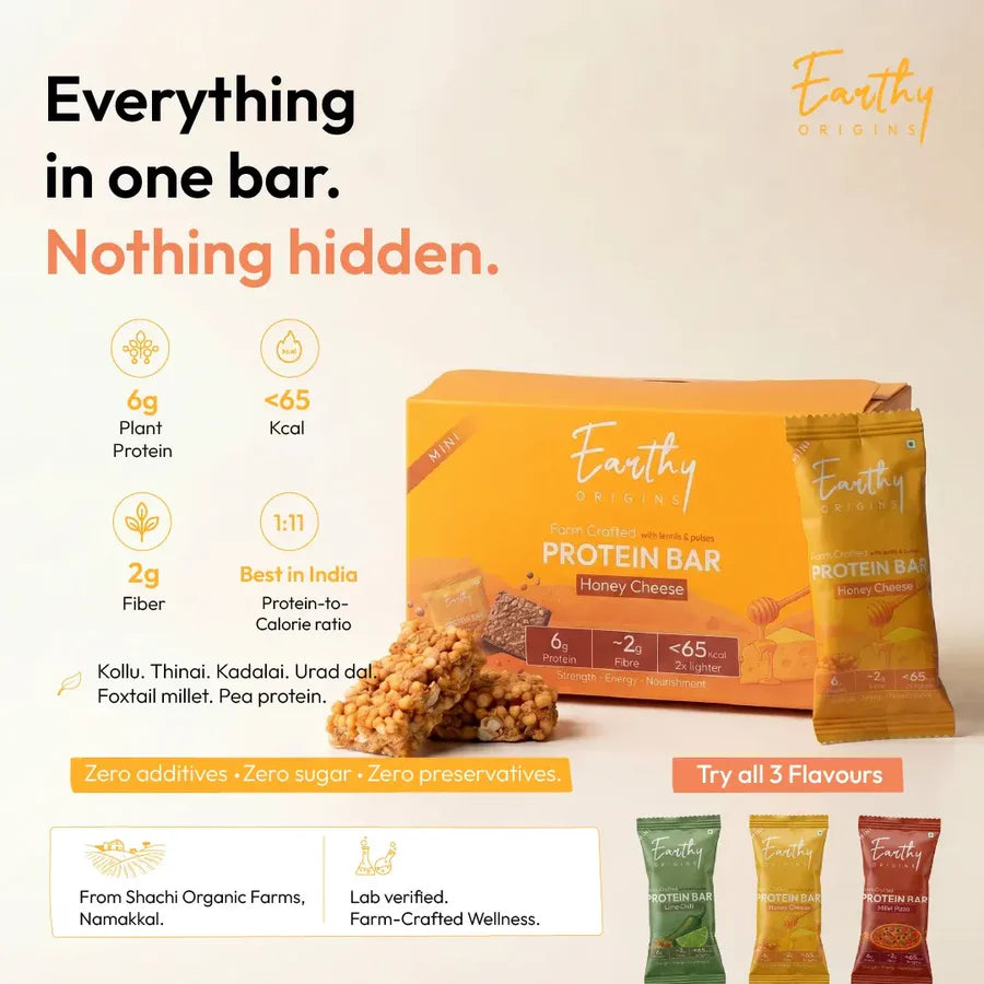 Bar |Plant Protein Bar with Lentils (Honey Cheese) – 6g Protein – Gluten Free, No Added Sugar, No Added Preservatives, No Artificial flavours, No Palm Oil– Earthy Origins  – 15gm
