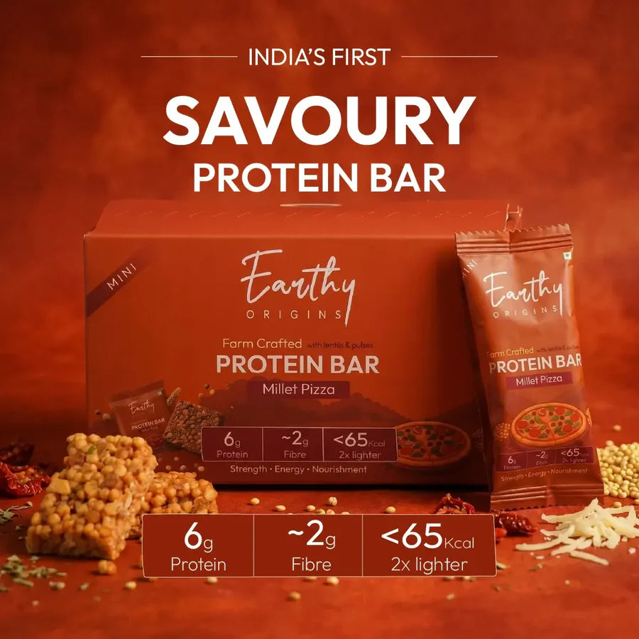 Bar | Lentil &amp; Millet Protein Bar (Millet Pizza)– 6g Protein – Gluten Free, No Added Sugar, No Added Preservatives, No Artificial flavours, No Palm Oil– Earthy Origins  – 15gm