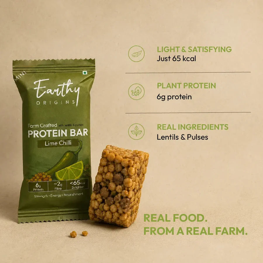 Bar | Lentil &amp; Pulses Protein Bar (Lime Chilli)– 6g Protein – Gluten Free, No Added Sugar, No Added Preservatives, No Artificial flavours, No Palm Oil– Earthy Origins  – 15gm