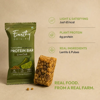 Bar | Lentil &amp; Pulses Protein Bar (Lime Chilli)– 6g Protein – Gluten Free, No Added Sugar, No Added Preservatives, No Artificial flavours, No Palm Oil– Earthy Origins  – 15gm