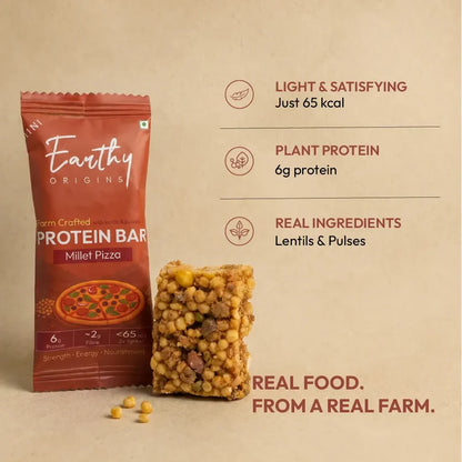 Bar | Lentil &amp; Millet Protein Bar (Millet Pizza)– 6g Protein – Gluten Free, No Added Sugar, No Added Preservatives, No Artificial flavours, No Palm Oil– Earthy Origins  – 15gm