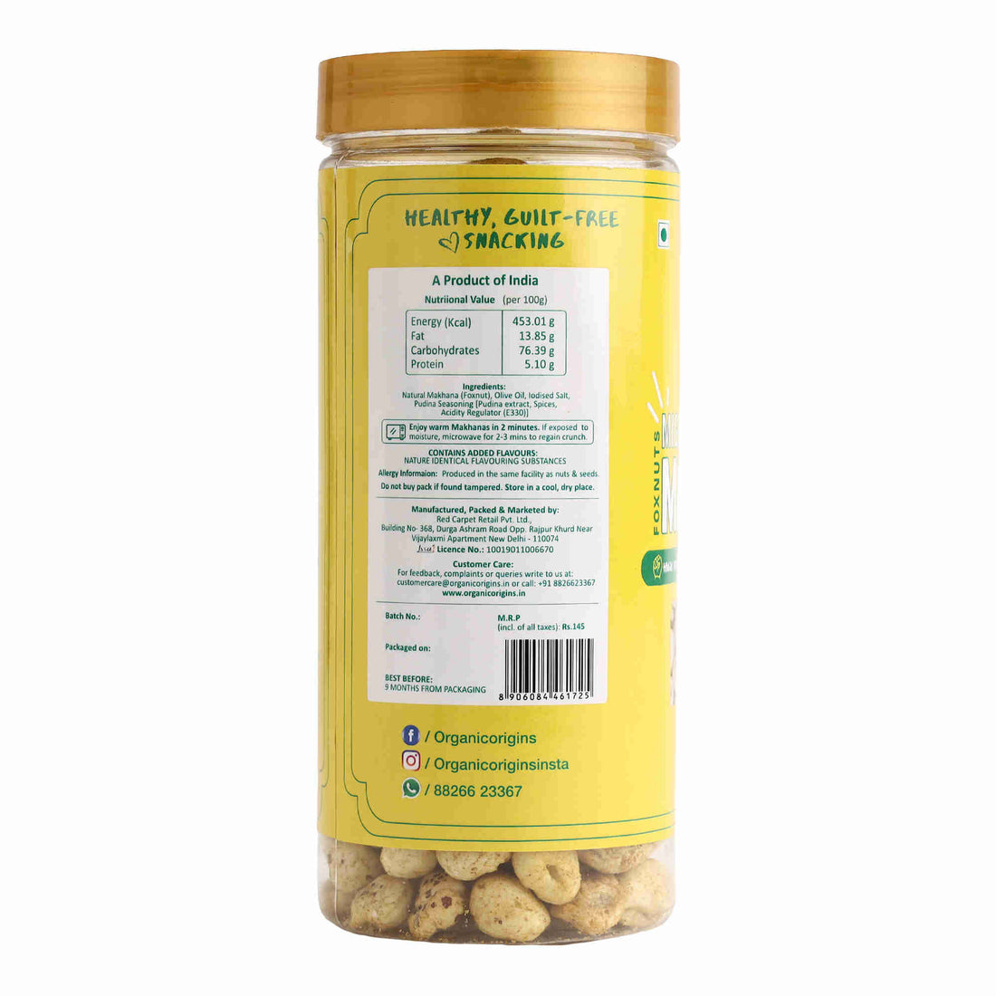 Makhana Mint - Gluten Free, High Protein, High Fibre &amp;amp; Low Calorie – Organic Origins - 80gm