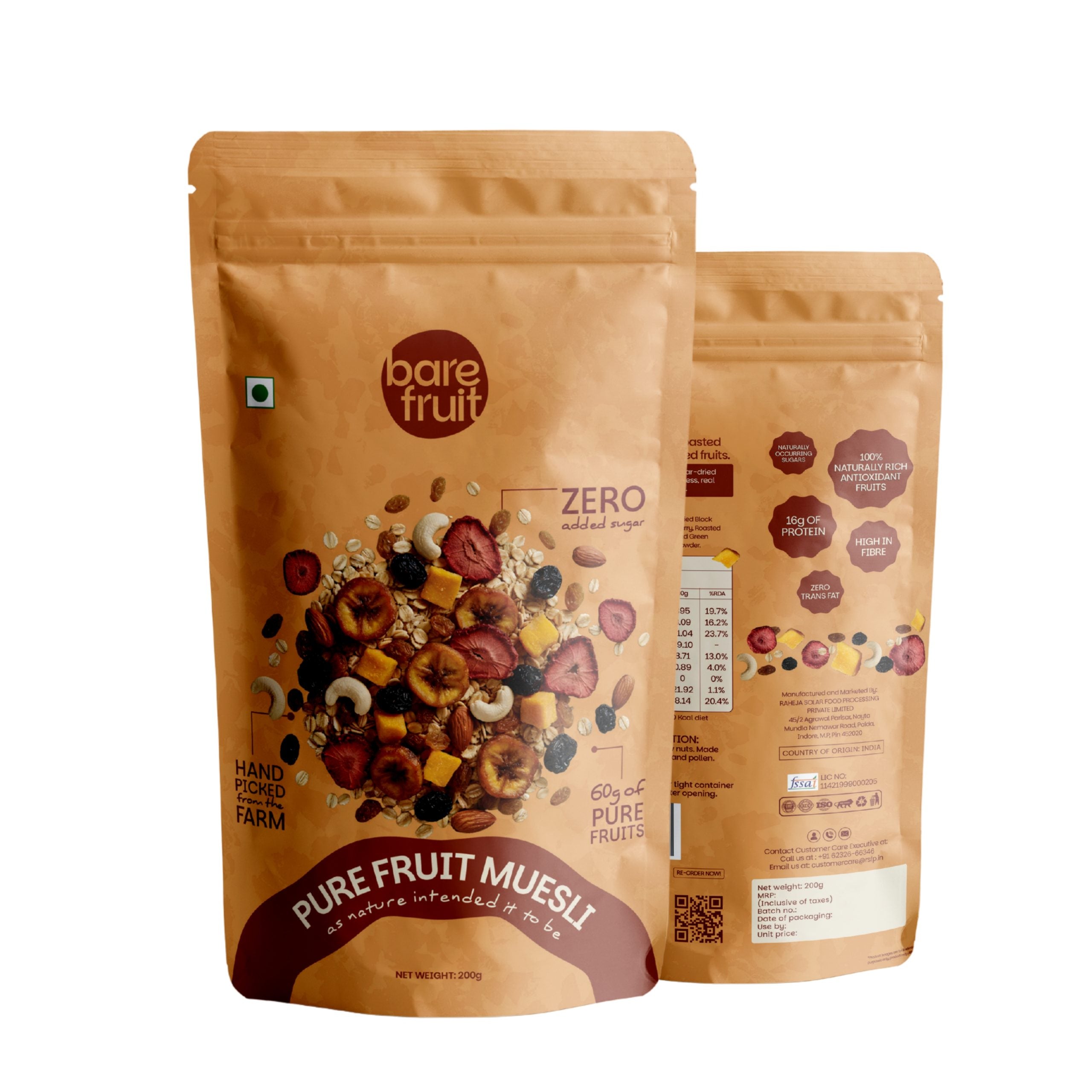 Pure Fruit Muesli | Hand-Picked Farm Ripened Fruits -Gluten Free - 1 00% Real Fruits - No Added Sugar, &amp;amp; No Added Preservatives - Bare Fruit - 200gm