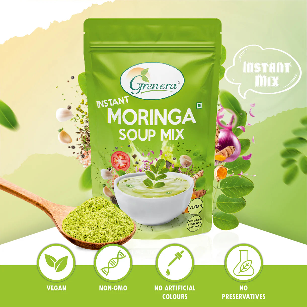 Soup | Instant Moringa Soup Mix Powder -Vegan-No Artificial Flavours, Colours, or Preservatives - Grenera - 100gm