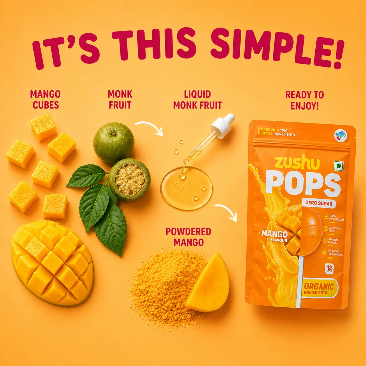 Lollipops | Mango Flavour (Zero Sugar) -Vegan- Made With Organic Ingredients - 100% Plant Based , Chemical Free, No Refined Sugar- Zushu - 12Pops - 120gm