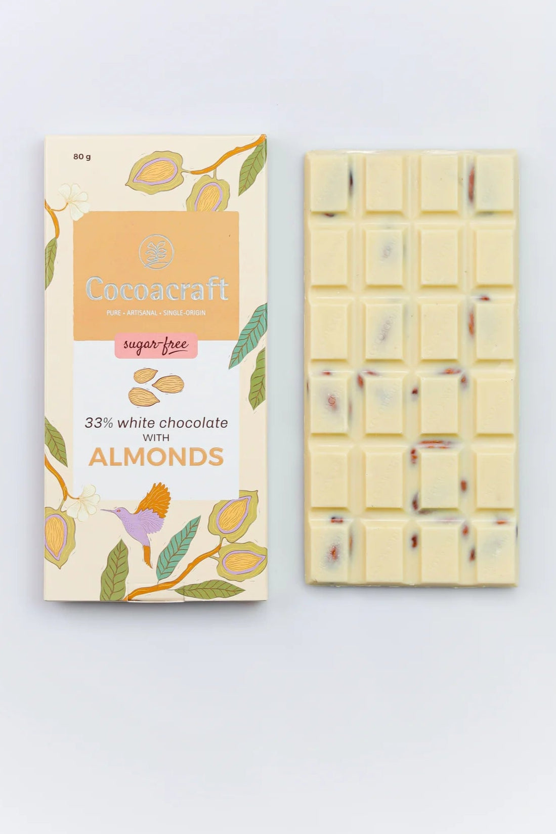 White Chocolate | 33% Cacao (With Almond) - Pure - Artisanal - Single Origin - Sugar Free, No Preservatives, No Artificial Flavoring & No Hydrogenated Oils – Cocoacraft – 80gm