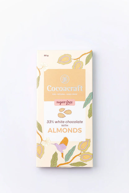 White Chocolate | 33% Cacao (With Almond) - Pure - Artisanal - Single Origin - Sugar Free, No Preservatives, No Artificial Flavoring &amp;amp; No Hydrogenated Oils – Cocoacraft – 80gm