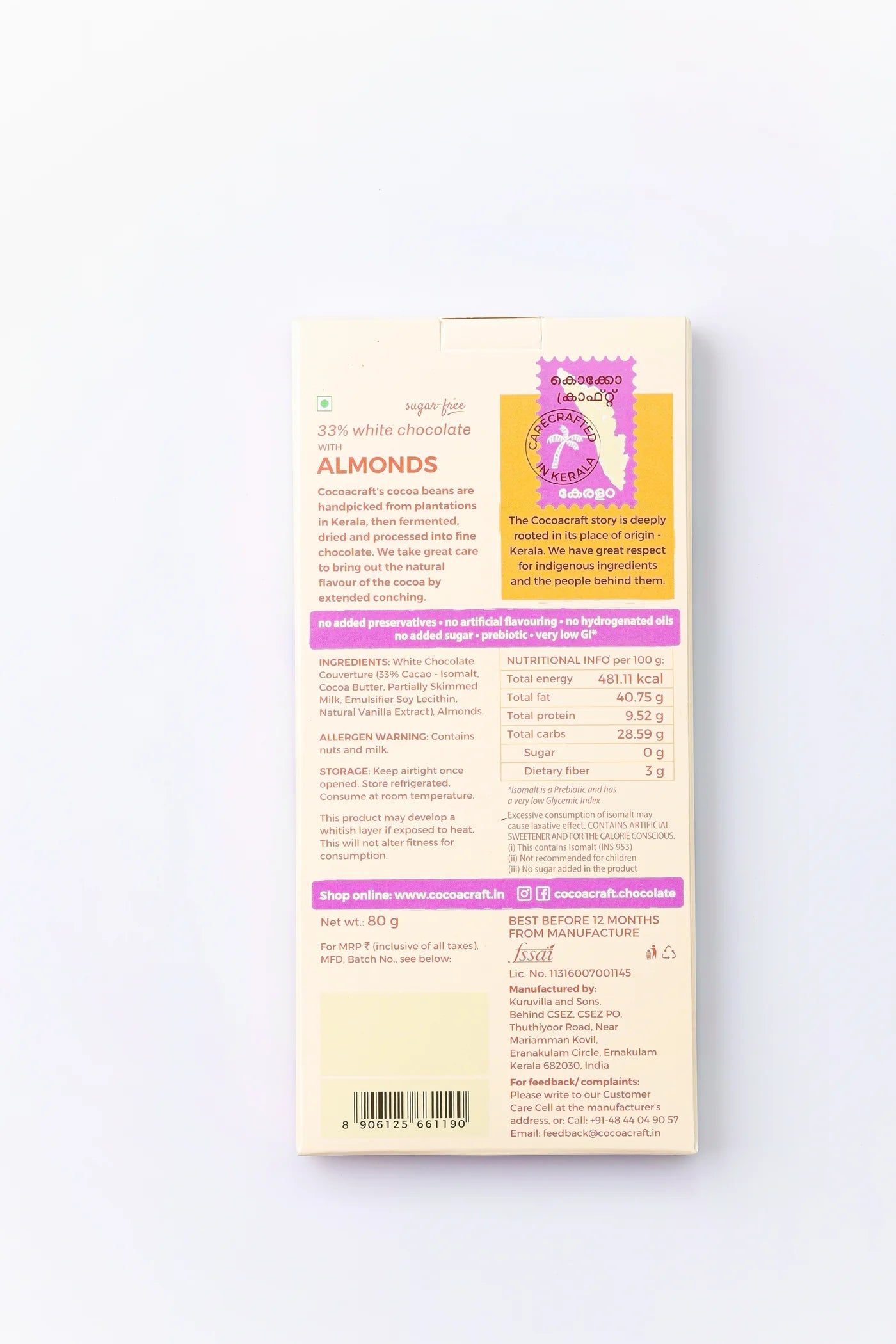 White Chocolate | 33% Cacao (With Almond) - Pure - Artisanal - Single Origin - Sugar Free, No Preservatives, No Artificial Flavoring &amp;amp; No Hydrogenated Oils – Cocoacraft – 80gm