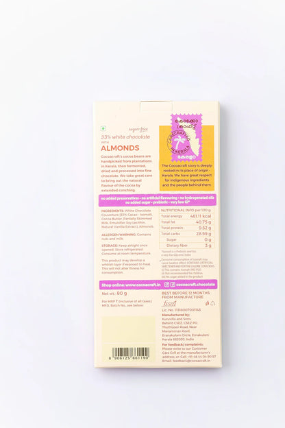 White Chocolate | 33% Cacao (With Almond) - Pure - Artisanal - Single Origin - Sugar Free, No Preservatives, No Artificial Flavoring &amp;amp; No Hydrogenated Oils – Cocoacraft – 80gm
