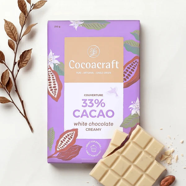 Chocolate | 33% Cocoa White Chocolate Creamy Couverture- Made in Kerala from Single - Origin Cocoa – Vegan -No Vegetable Oil, No Artificial Flavours- Cocoacraft – 210gm