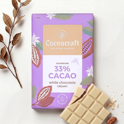 Chocolate | 33% Cocoa White Chocolate Creamy Couverture- Made in Kerala from Single - Origin Cocoa – Vegan -No Vegetable Oil, No Artificial Flavours- Cocoacraft – 210gm
