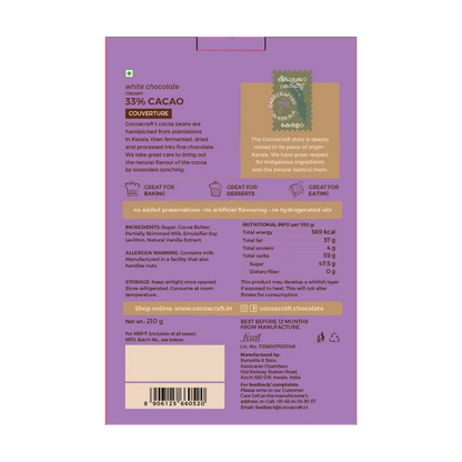 Chocolate | 33% Cocoa White Chocolate Creamy Couverture- Made in Kerala from Single - Origin Cocoa – Vegan -No Vegetable Oil, No Artificial Flavours- Cocoacraft – 210gm