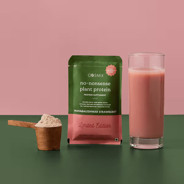 Protein Powder | Mahabaleshwar Strawberry Plant Protein (24gm Protein Per Serving) – No Nonsense - Gluten Free, Lactose Free, No Trans Fat, Soy Free, No Added Sugar, Artificial Flavors, No Gums & No Enzymes - Cosmix – 38gm
