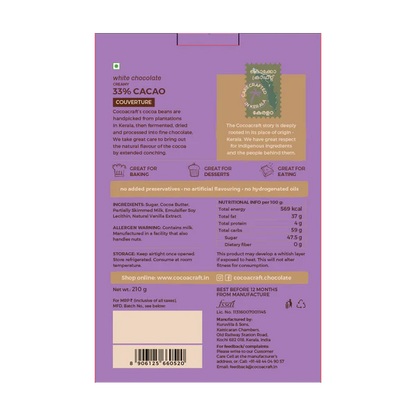 White Chocolate | 33% Creamy White - Couverture  – Single Origin - No Hydrogenated Oils – Cocoacraft – 210gm