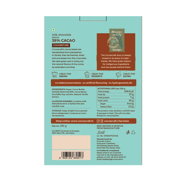 Chocolate | 38% Cocoa Milk Chocolate Couverture- Made in Kerala from Single - Origin Cocoa – Vegan -No Vegetable Oil, No Artificial Flavours- Cocoacraft – 210gm