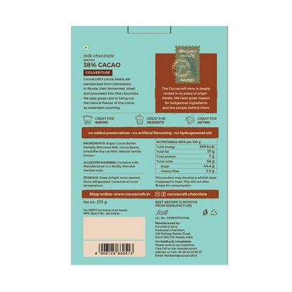 Chocolate | 38% Cocoa Milk Chocolate Couverture- Made in Kerala from Single - Origin Cocoa – Vegan -No Vegetable Oil, No Artificial Flavours- Cocoacraft – 210gm