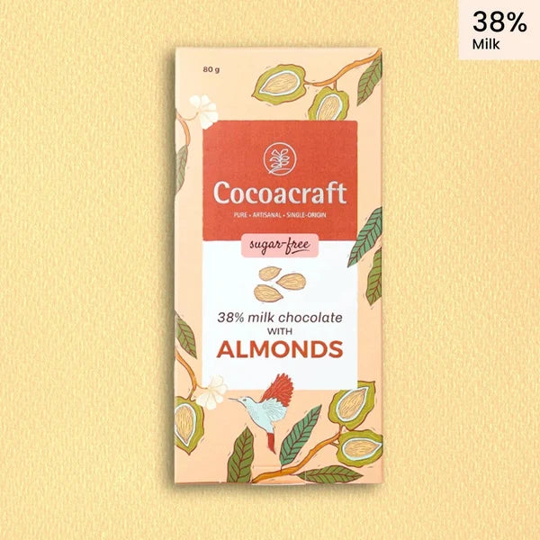 Chocolate | 38% Milk Chocolate with Roasted Almonds - Made in Kerala from Single - Origin Cocoa - Sugar Free – Vegan -No Vegetable Oil, No Artificial Flavours- Cocoacraft – 80gm
