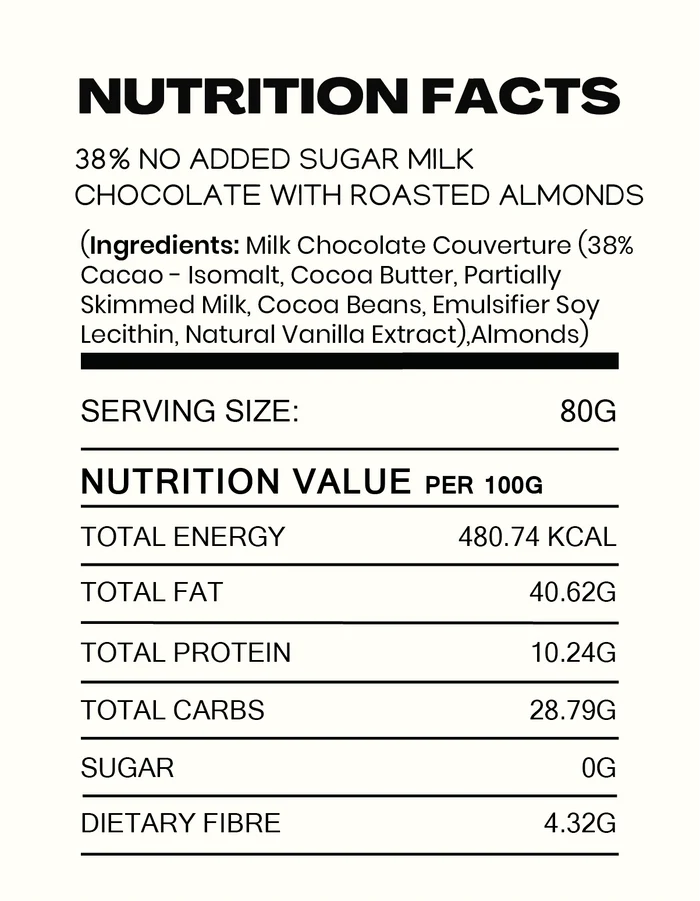 Chocolate | 38% Milk Chocolate with Roasted Almonds - Made in Kerala from Single - Origin Cocoa - Sugar Free – Vegan -No Vegetable Oil, No Artificial Flavours- Cocoacraft – 80gm