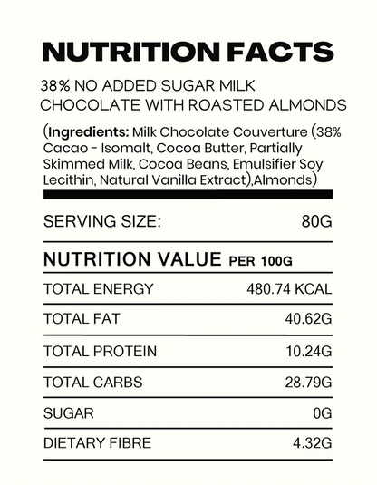 Chocolate | 38% Milk Chocolate with Roasted Almonds - Made in Kerala from Single - Origin Cocoa - Sugar Free – Vegan -No Vegetable Oil, No Artificial Flavours- Cocoacraft – 80gm