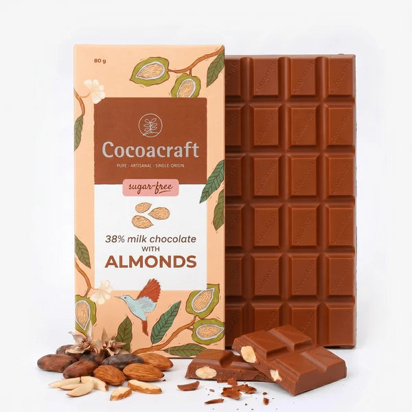 Chocolate | 38% Milk Chocolate with Roasted Almonds - Made in Kerala from Single - Origin Cocoa - Sugar Free – Vegan -No Vegetable Oil, No Artificial Flavours- Cocoacraft – 80gm