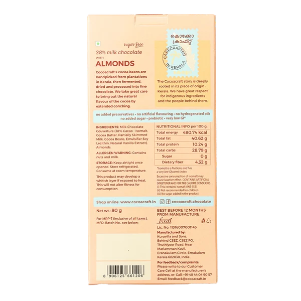 Chocolate | 38% Milk Chocolate with Roasted Almonds - Made in Kerala from Single - Origin Cocoa - Sugar Free – Vegan -No Vegetable Oil, No Artificial Flavours- Cocoacraft – 80gm