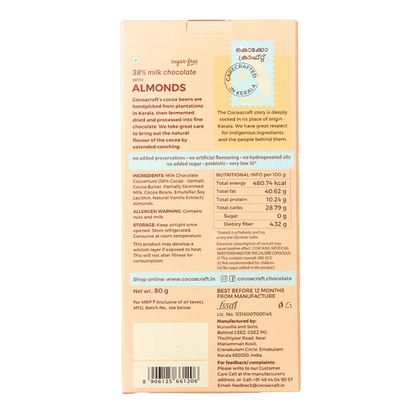 Chocolate | 38% Milk Chocolate with Roasted Almonds - Made in Kerala from Single - Origin Cocoa - Sugar Free – Vegan -No Vegetable Oil, No Artificial Flavours- Cocoacraft – 80gm