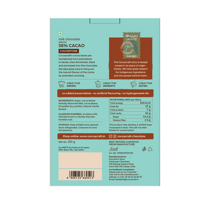 Milk Chocolate | 38% Milk Chocolate Couverture - Gluten Free, High Protein, Lactose Free &amp; Nut Free - Cocoacraft - 210gm