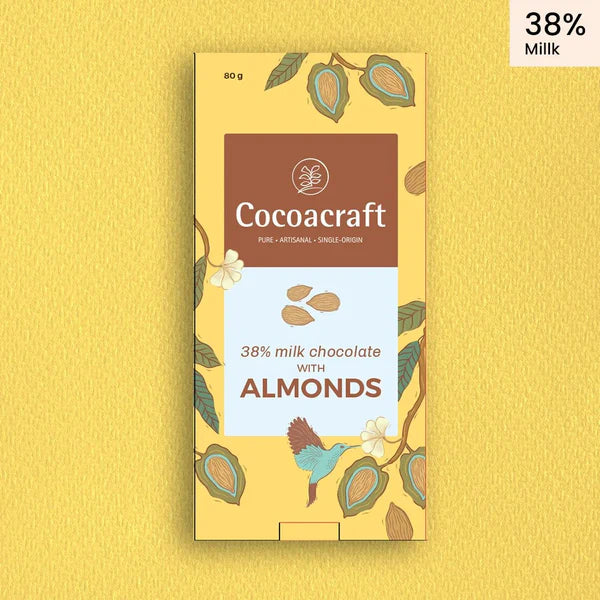 Milk Chocolate | (With Almonds) - 38% Cacao – No Preservatives, No Artificial Flavoring & No Hydrogenated Oils – Cocoacraft – 80gm