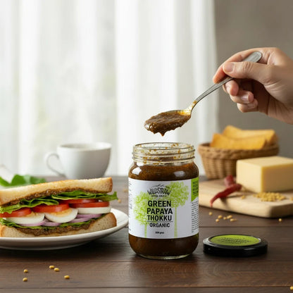 Chutney | Green Papaya Thokku -Made with Green Papaya, rich in digestive enzymes-Slow-Cooked in cold-pressed sesame oil - No added Vinegar, Sugar or Preservativess– Wildstraw – 300gm