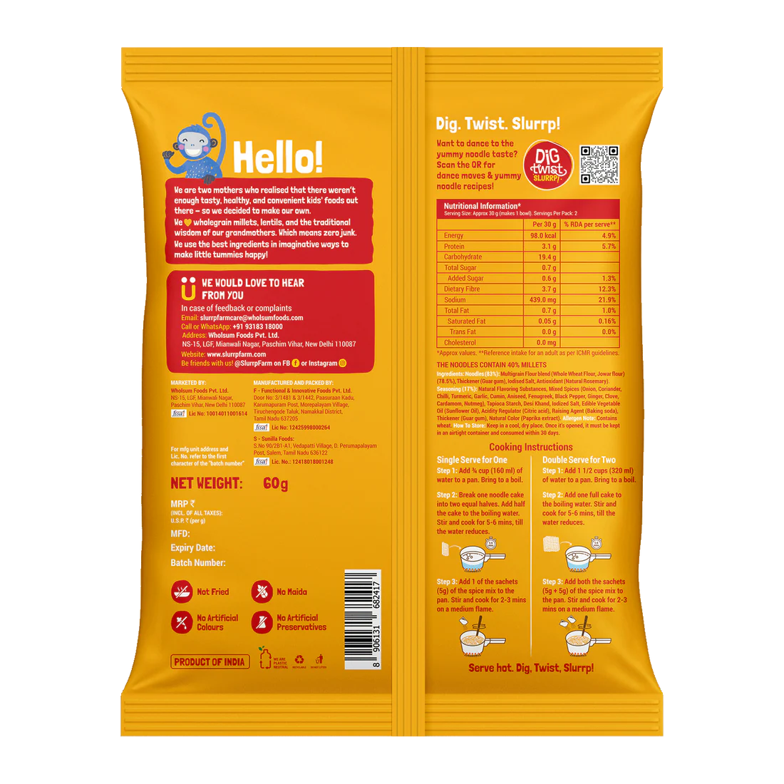 Noodles | Instant Millet Noodles - Magic Masala -Not Fried &amp; Zero Maida- No Artificial Preservatives &amp; Artificial Colours- No Trans Fat &amp;  Cholesterol - Slurrp Farm - 60 gm