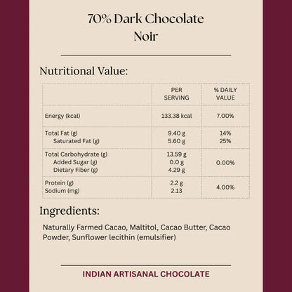 Dark Chocolate | 70% Dark Chocolate Noir – Vegan &amp; Gluten Free- No Palm Oil - Darkins – 50gm