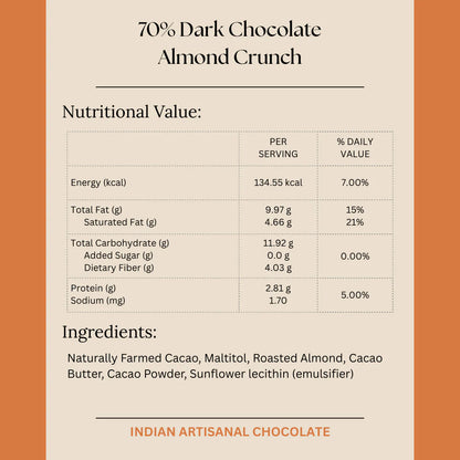 Dark Chocolate | 70% Dark Chocolate Almond Crunch (Sugarfree) – Vegan &amp; Gluten Free - Darkins – 50gm