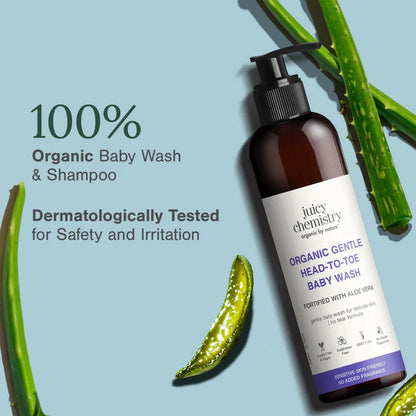 Organic Gentle Head to Toe Baby Wash Fortified with Aloe Vera- Sulphates Free, GMO Free - Juicy Chemistry - 200ml