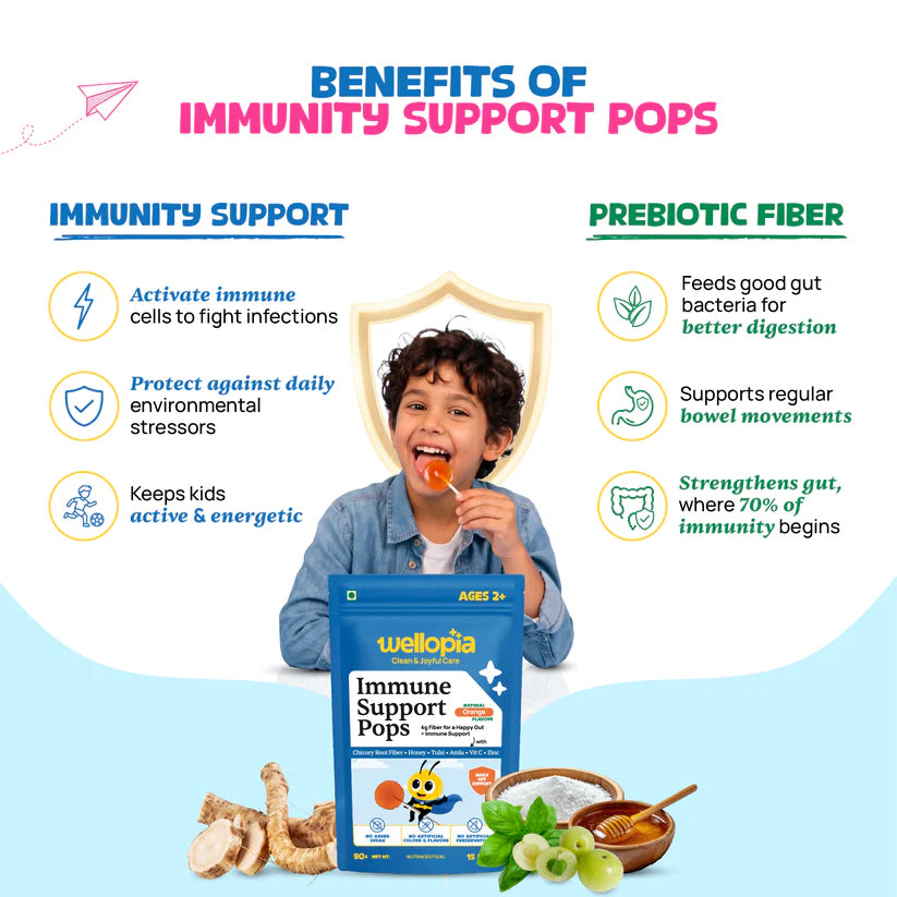Pops | Immune Support Pops(Ages 2+)-Natural Orange Flavour - Daily Gut Support -No Artificial Preservatives - No Artificial Colors- No Refined Sugar - Wellopia - 1 5 Pops -90gm