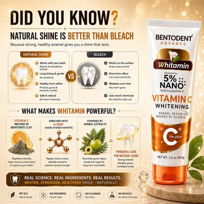 Toothpaste Advance | Whitamin Vit C (Whitening)-Vegan, &amp; Cruelty Free - Vitamin C, 5% Nano Hydroxyapatite, Enamel Repair-  Glycerin Free, Fluoride Free &amp; No Added Artificial Colors - Bentodent - 100gm
